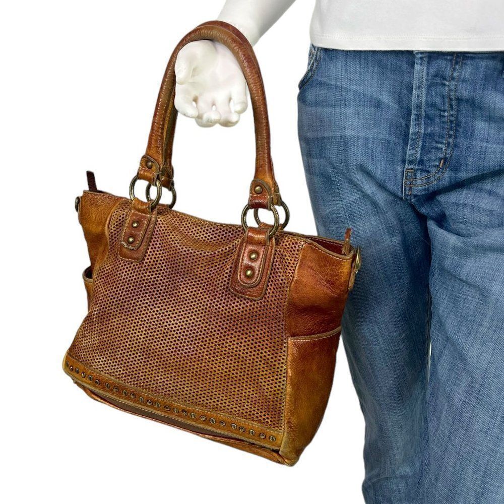 Amsterdam Heritage Satchel Handbag Studded Perforated Cognac Brown Leather